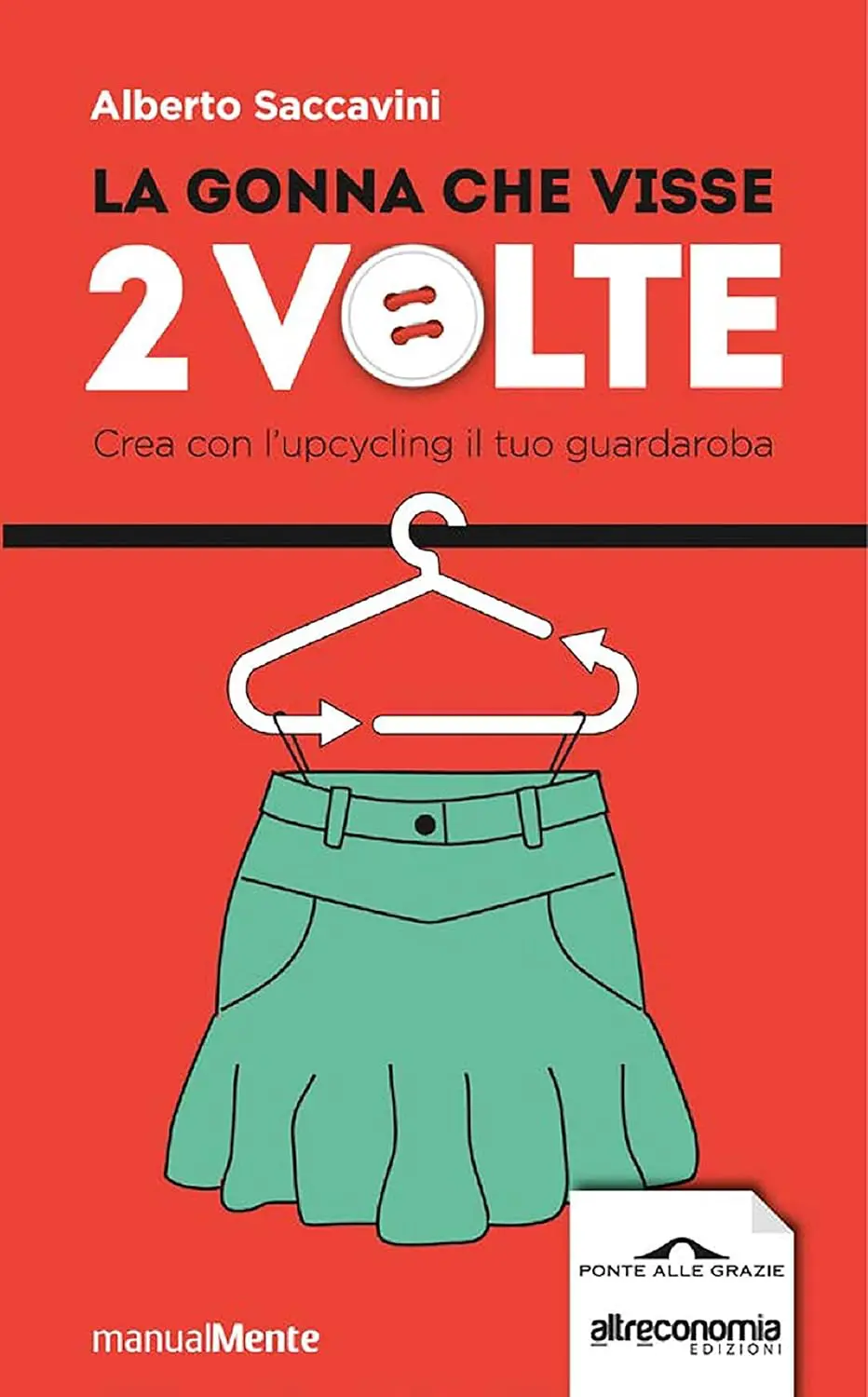 Copertina illustrata del libro "La gonna che visse 2 volte" di Alberto Saccavini, una guida pratica per creare abiti unici riutilizzando i tessuti.